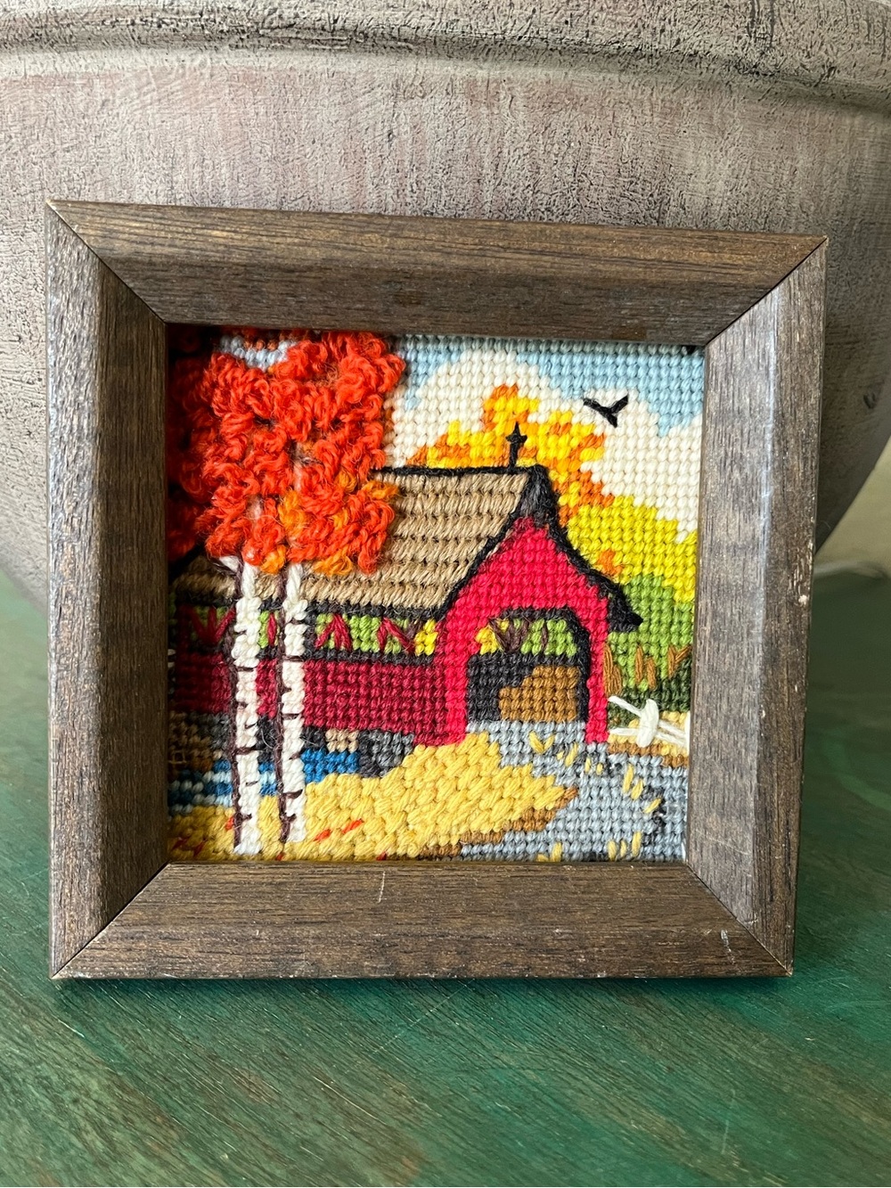 Vintage | Red Barn Covered Bridge | Fall Leaves | Needlepoint | Vintage
